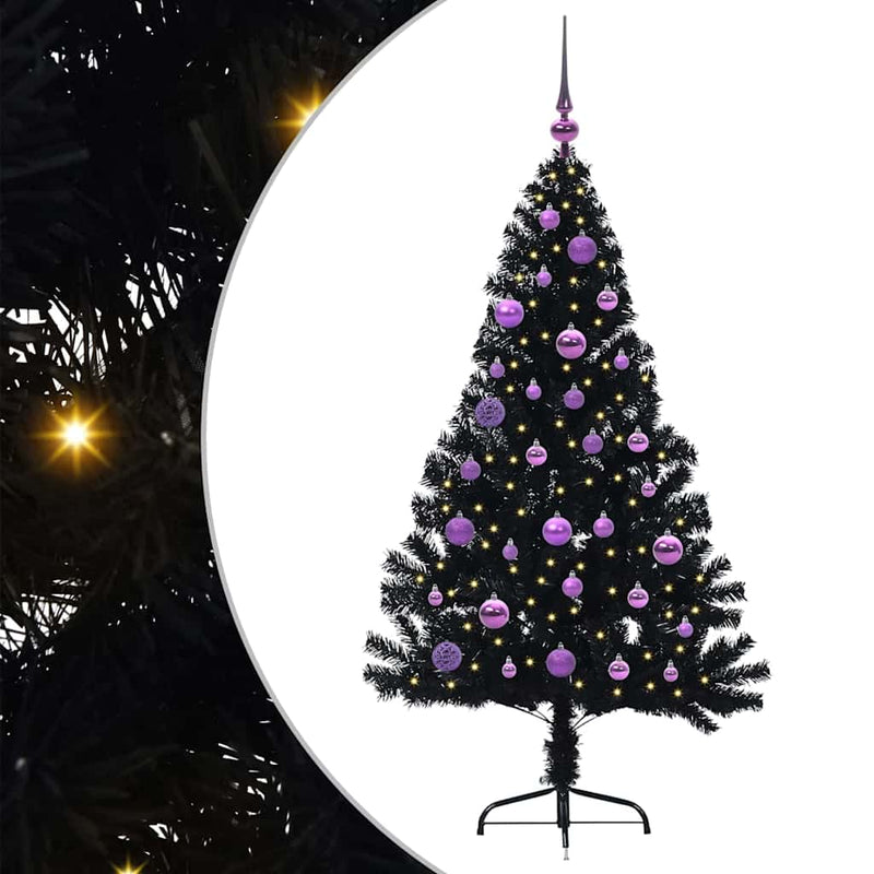 vidaXL Mesterséges, előre világított karácsonyi fa Fekete 150 cm PVC