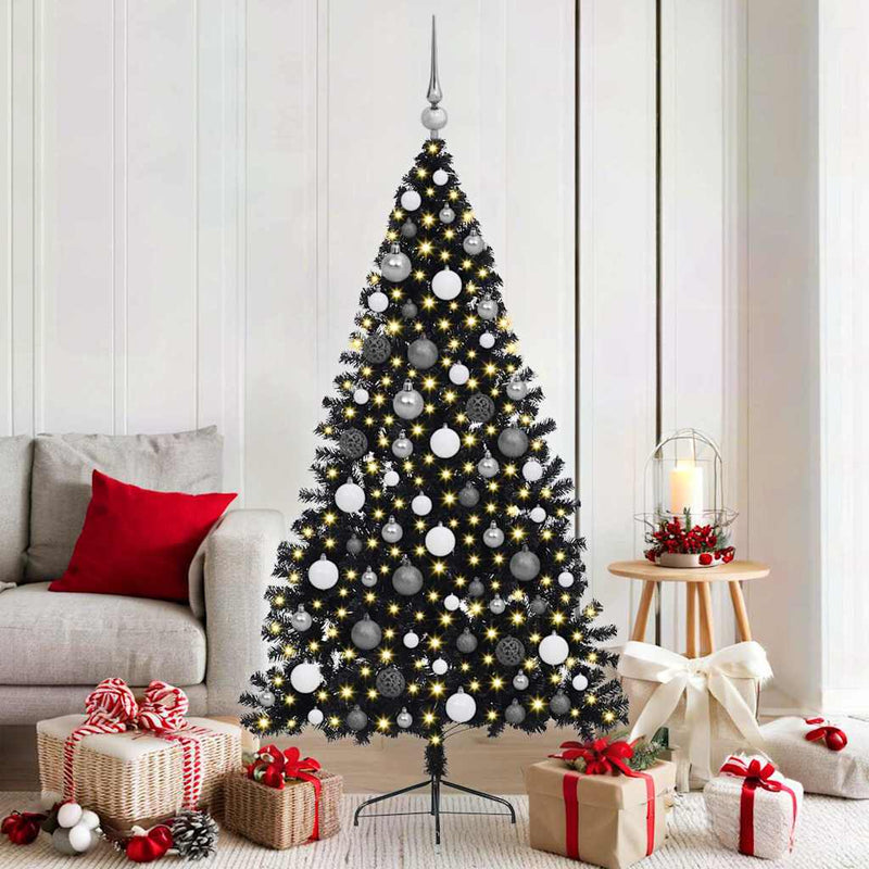 vidaXL Műfenyő Elővilágított Karácsonyfa 300 LED-del Fekete 180 cm PVC