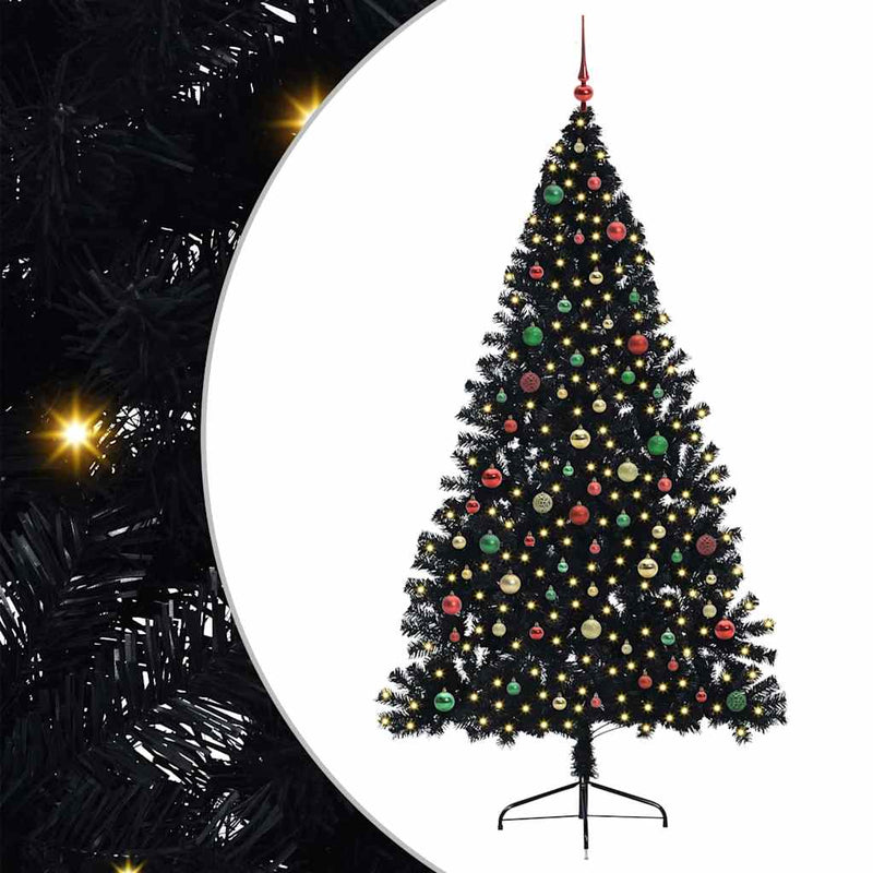 vidaXL Mesterséges, előre világított karácsonyi fa Fekete 210 cm PVC
