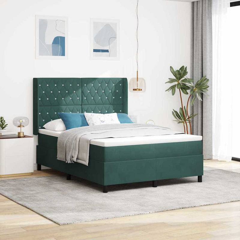 vidaXL Boxrugós ágy fejtámlával Sötétzöld 140 x 190 cm Bársony