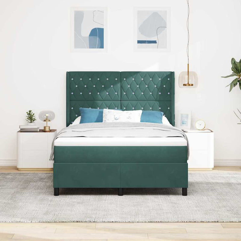 vidaXL Boxrugós ágy fejtámlával Sötétzöld 140 x 190 cm Bársony