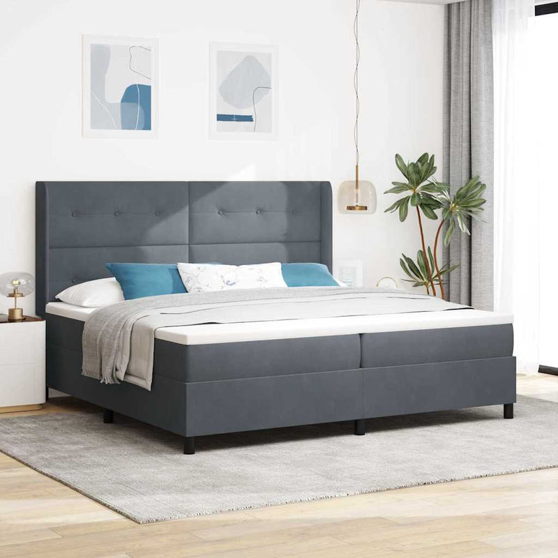 vidaXL Boxrugós ágy fejtámlával Sötétszürke 200 x 200 cm Bársony