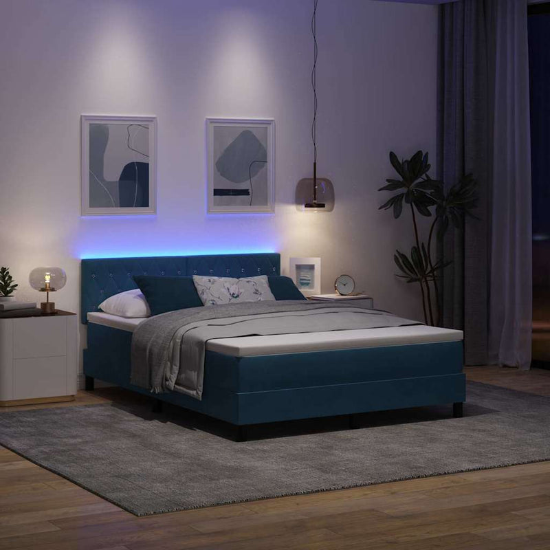 vidaXL Boxrugós ágy fejtámlával Sötétkék 140 x 190 cm Bársony