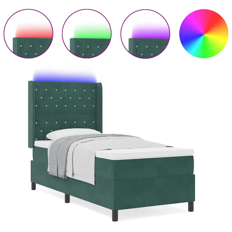vidaXL LED Box Rugós Ágy Mattresszel Sötétzöld 90 x 190 cm Bársony