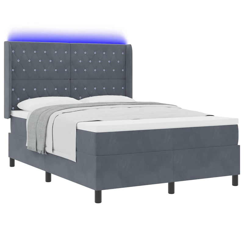 vidaXL LED Box Rugós Ágy Mattresszel Sötétszürke 140 x 190 cm Bársony