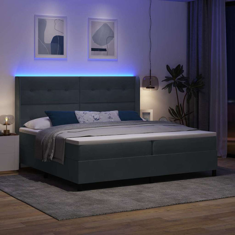vidaXL LED Box Rugós Ágy Mattresszel Sötétszürke 200 x 200 cm Bársony