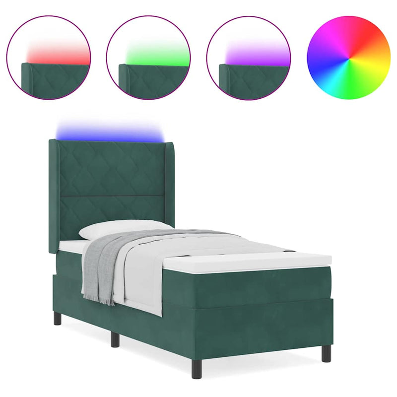 vidaXL LED Box Rugós Ágy Mattresszel Sötétzöld 90 x 190 cm Bársony