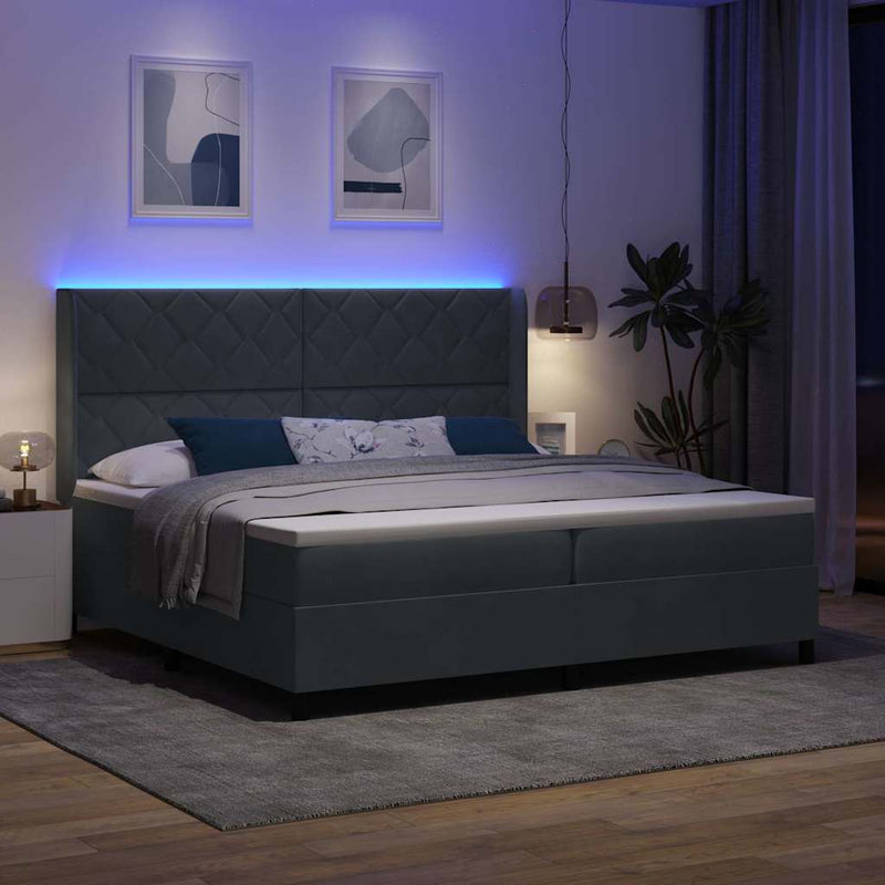 vidaXL LED Box Rugós Ágy Mattresszel Sötétszürke 200 x 200 cm Bársony