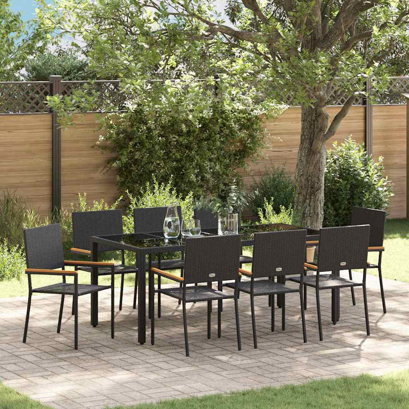 vidaXL Kert étkező szett 9 pcs Fekete 190 x 90 x 75 cm polirattan