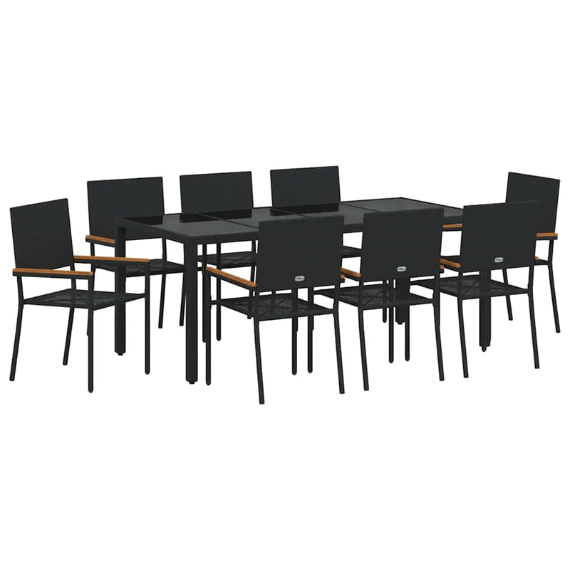 vidaXL Kert étkező szett 9 pcs Fekete 190 x 90 x 75 cm polirattan