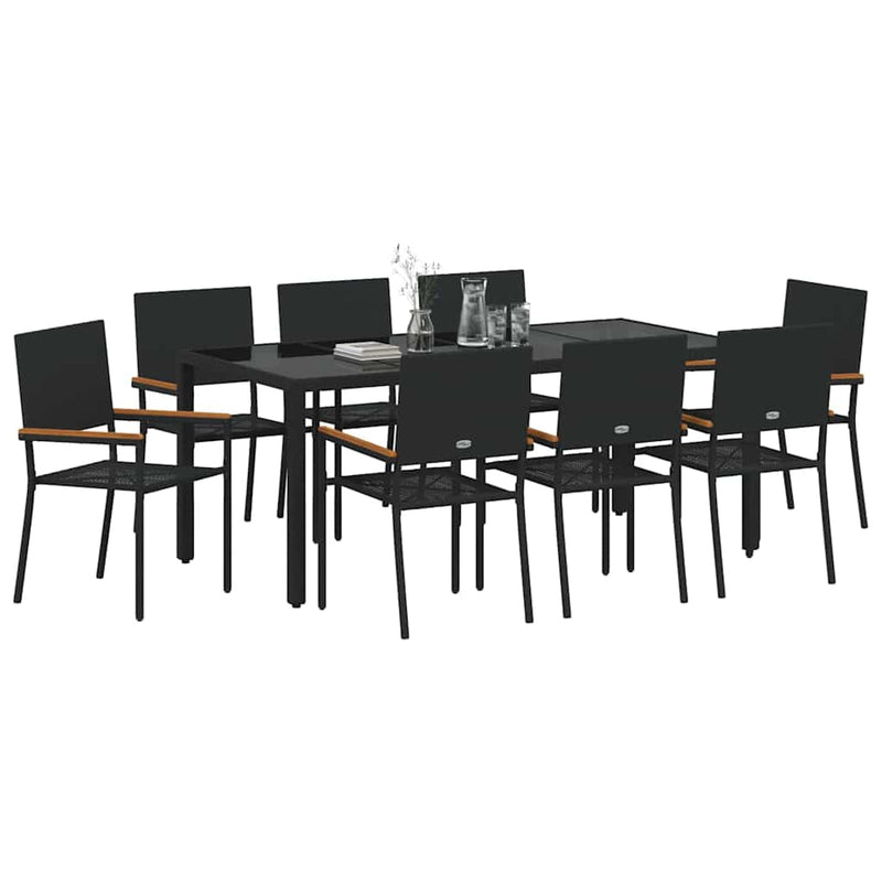 vidaXL Kert étkező szett 9 pcs Fekete 190 x 90 x 75 cm polirattan