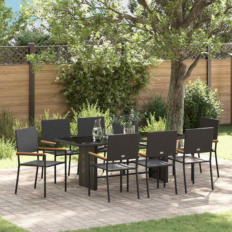 vidaXL Kert étkező szett 9 pcs Fekete 190 x 80 x 75 cm polirattan