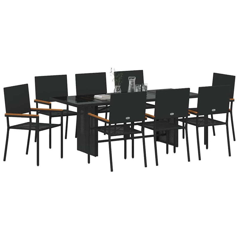 vidaXL Kert étkező szett 9 pcs Fekete 190 x 80 x 75 cm polirattan