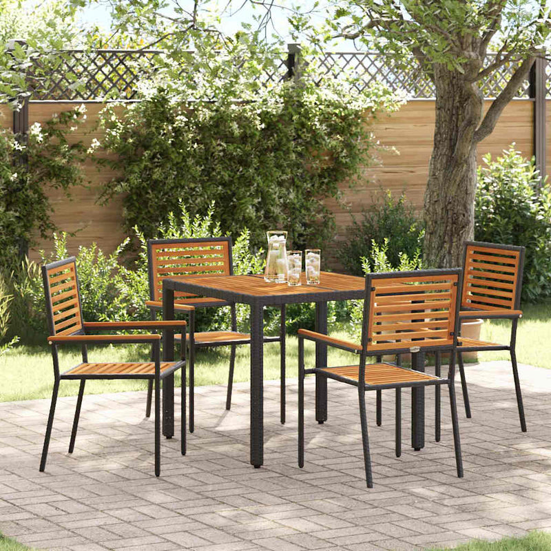 vidaXL Kert étkező szett 5 pcs Fekete és Fa 90 x 90 x 75 cm polirattan