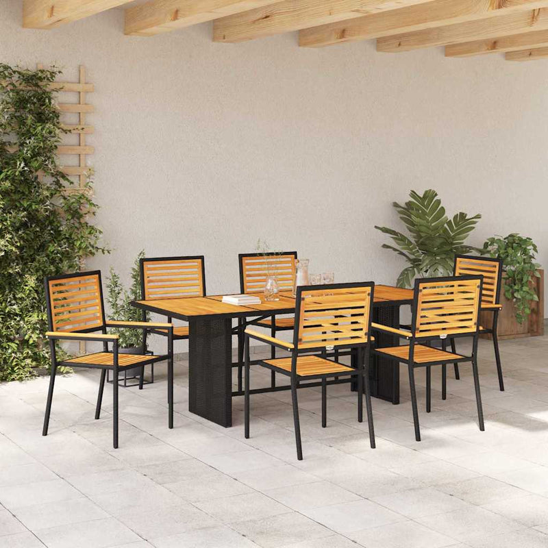 vidaXL Kert étkező szett 7 pcs Fekete 190 x 80 x 75 cm polirattan