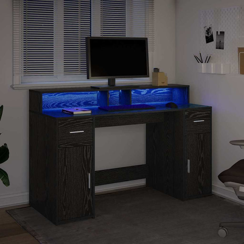 vidaXL Asztal LED -es lámpákkal Musta tammi 140 x 55 x 91 cm Faanyag