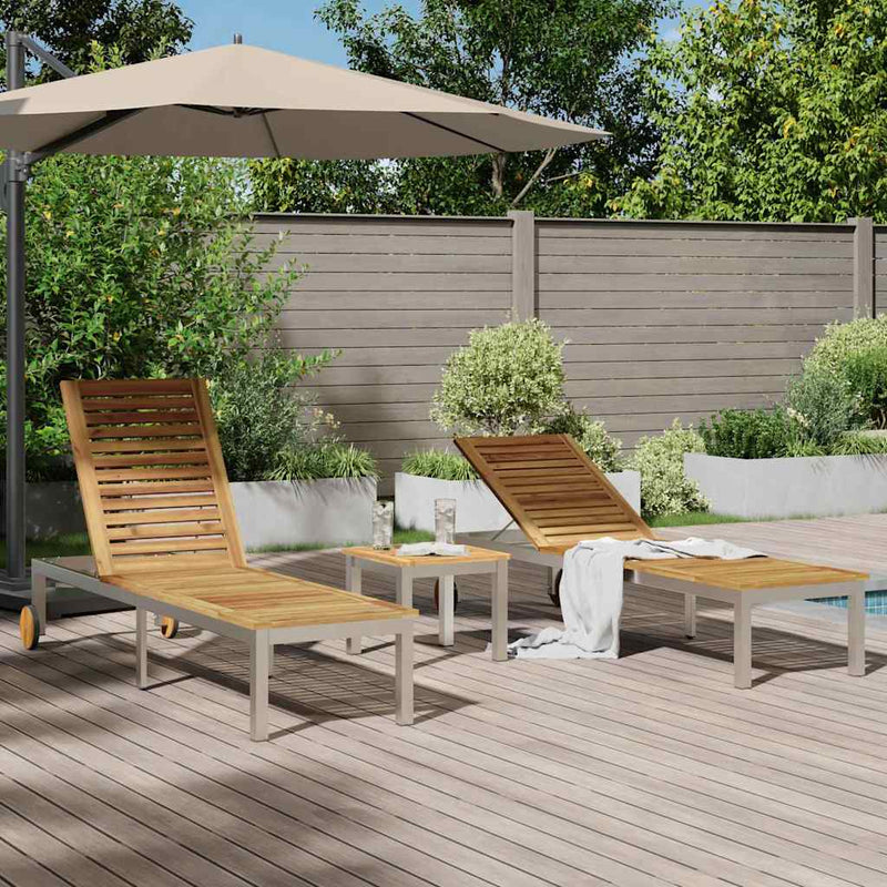 vidaXL Napozóágy 2 db Asztallal 3 pcs Barna 205x53x100cm TömörAkácfa