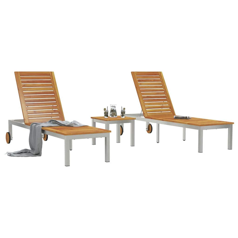 vidaXL Napozóágy 2 db Asztallal 3 pcs Barna 205x53x100cm TömörAkácfa