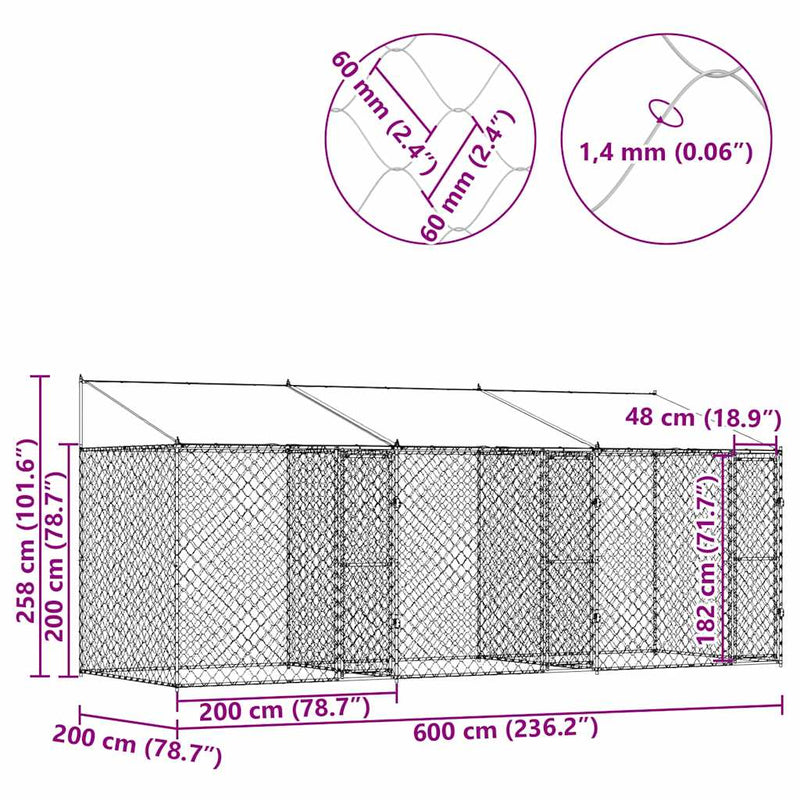 vidaXL Kutyaketrec Ezüst 600 x 200 x 256 cm Horganyzott acél