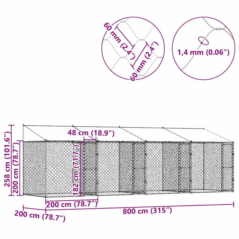 vidaXL Kutyaketrec Ezüst 800 x 200 x 256 cm Horganyzott acél