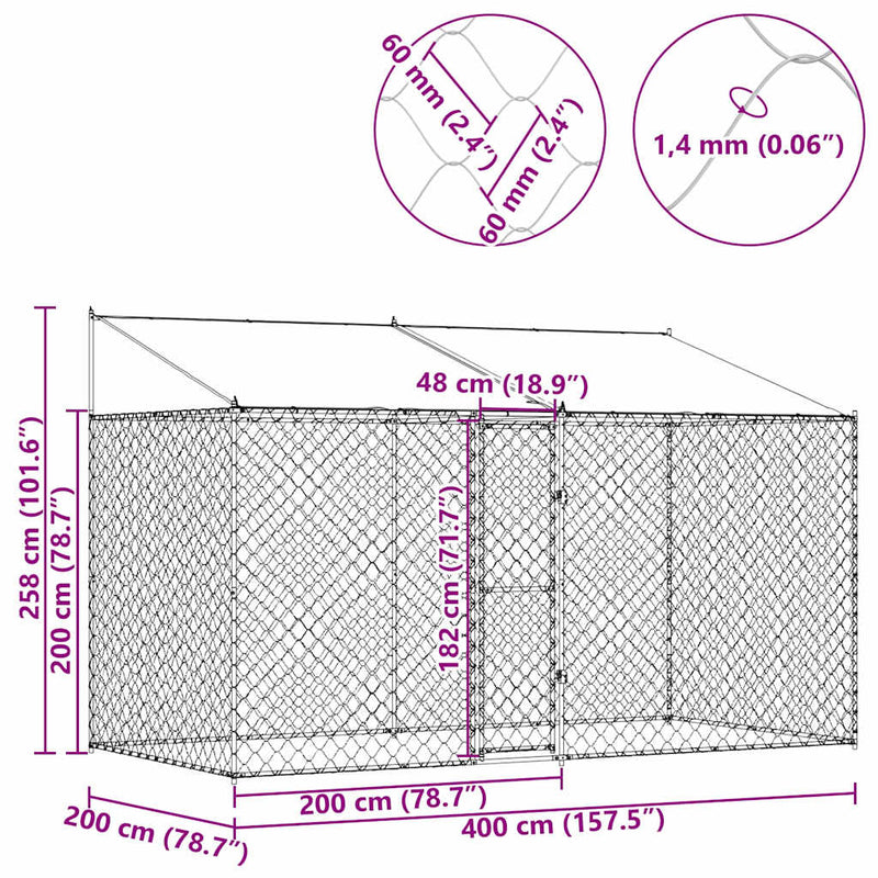 vidaXL Kutyaketrec Ezüst 400 x 200 x 256 cm Horganyzott acél