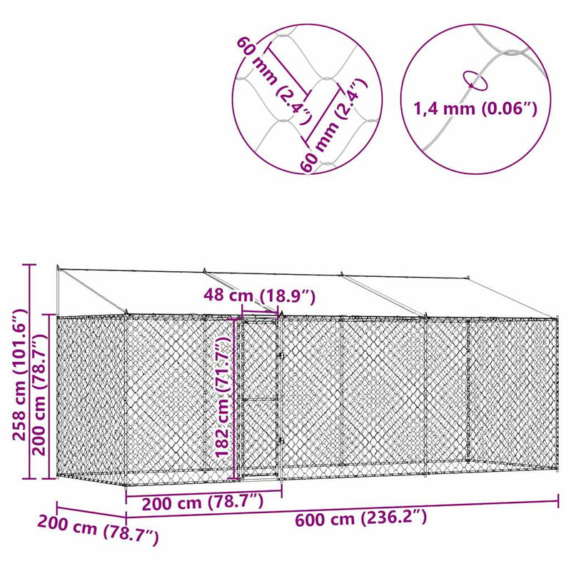 vidaXL Kutyaketrec Ezüst 600 x 200 x 256 cm Horganyzott acél