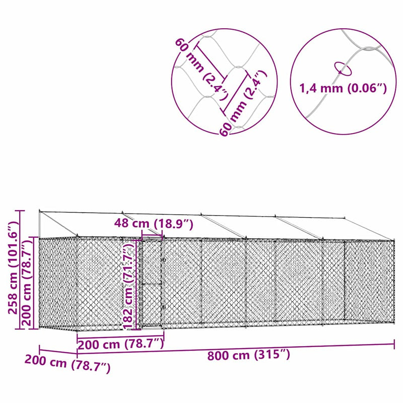 vidaXL Kutyaketrec Ezüst 800 x 200 x 256 cm Horganyzott acél