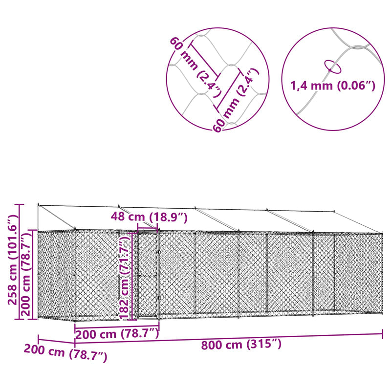 vidaXL Kutyaketrec 4 pcs Ezüst 800 x 200 x 258 cm Acél és PE
