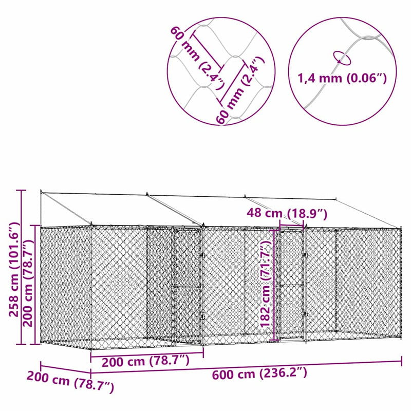 vidaXL Kutyaketrec Ezüst 600 x 200 x 256 cm Horganyzott acél