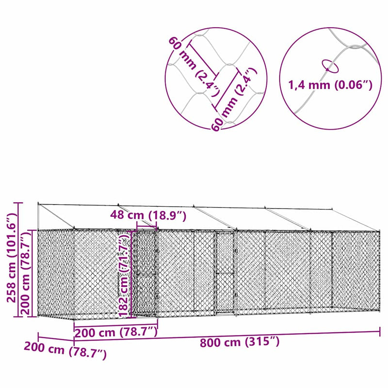 vidaXL Kutyaketrec Ezüst 800 x 200 x 256 cm Horganyzott acél