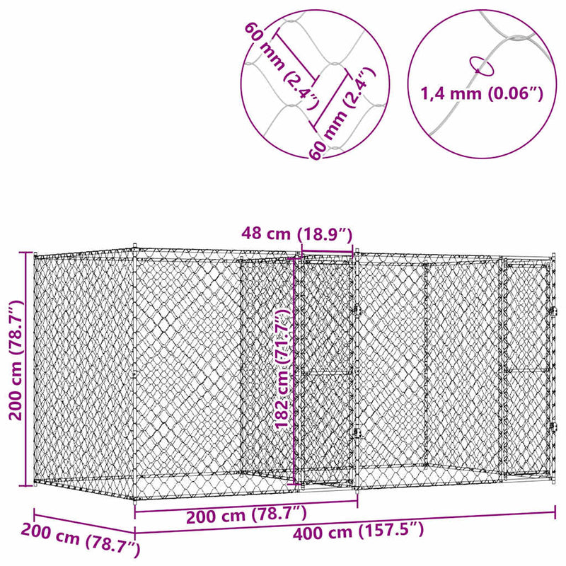 vidaXL Kutyaketrec Ezüst 400 x 200 x 200 cm Horganyzott acél