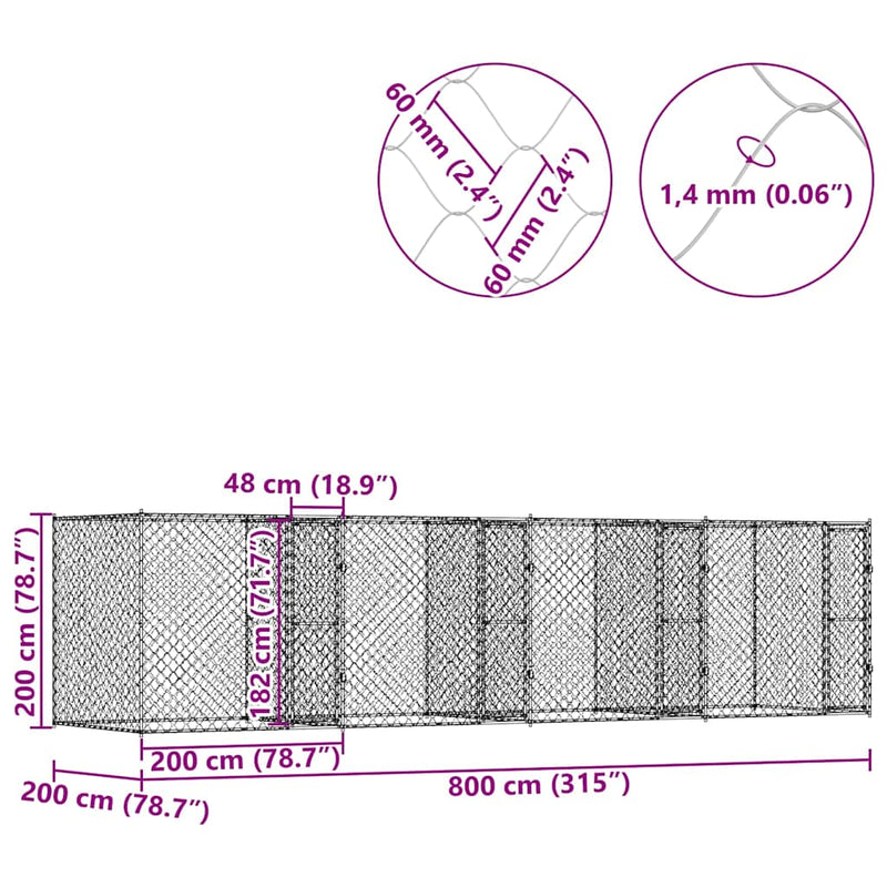vidaXL Kutyaketrec Ezüst 800 x 200 x 200 cm Horganyzott acél