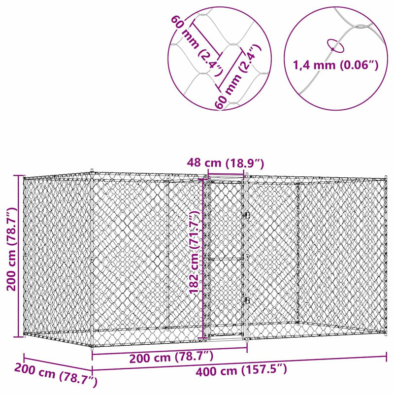 vidaXL Kutyaketrec Ezüst 400 x 200 x 256 cm Horganyzott acél