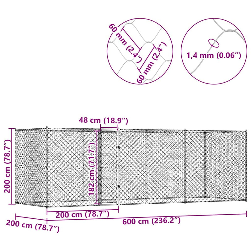 vidaXL Kutyaketrec Ezüst 600 x 200 x 256 cm Horganyzott acél
