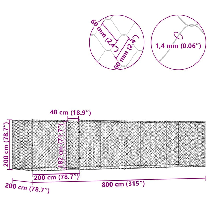 vidaXL Kutyaketrec Ezüst 800 x 200 x 256 cm Horganyzott acél
