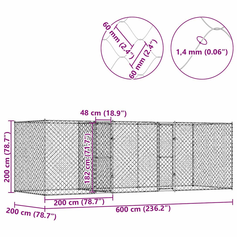 vidaXL Kutyaketrec Ezüst 600 x 200 x 200 cm Horganyzott acél