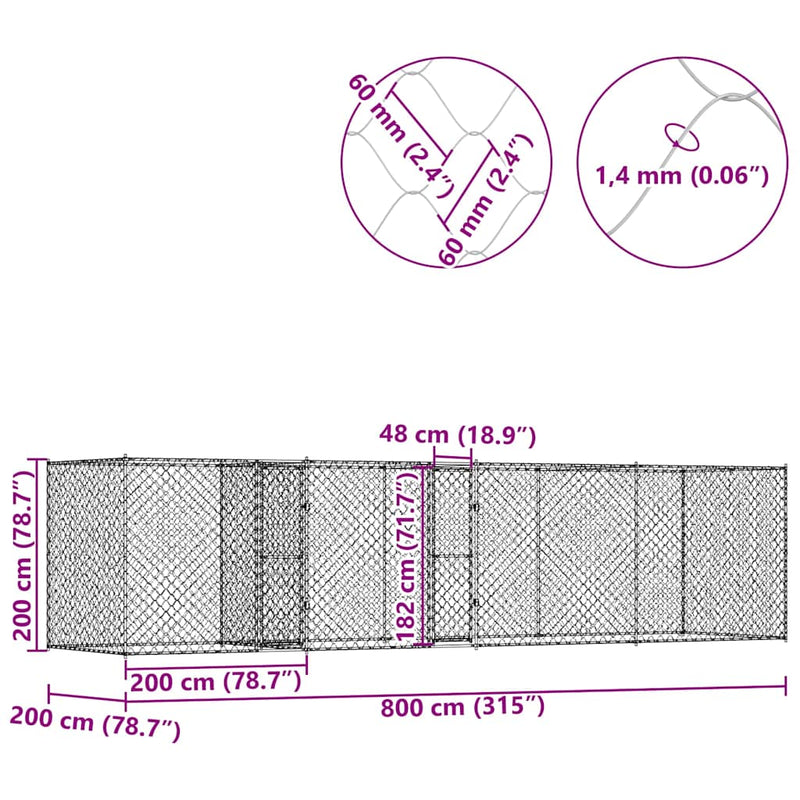 vidaXL Kutyaketrec Ezüst 800 x 200 x 200 cm Horganyzott acél
