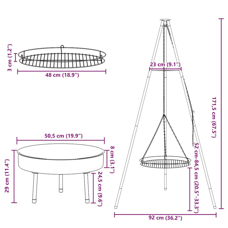 vidaXL Tűzrakó állvány Fekete 92 x 92 x 171,5 cm Fém
