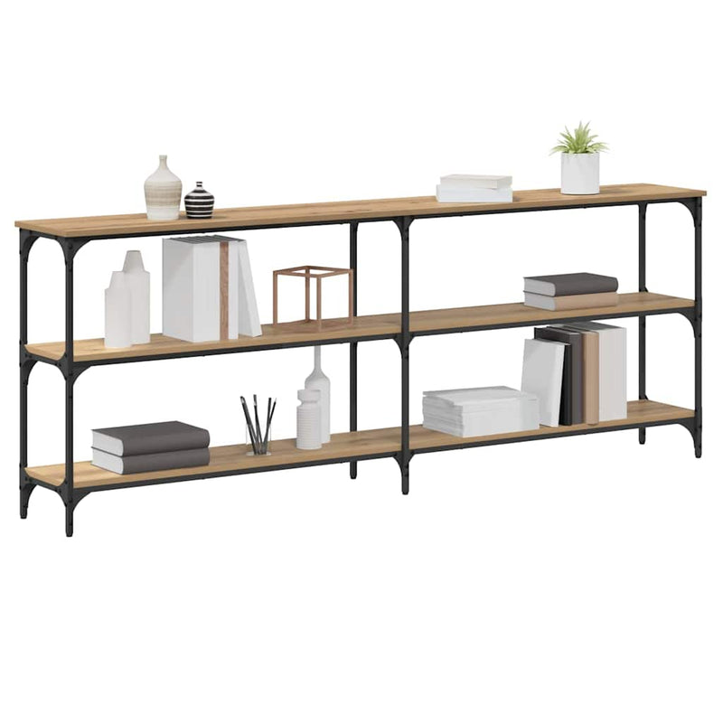 vidaXL Konzolasztal polcokkal kézműves tölgy 200 x 29 x 75 cm