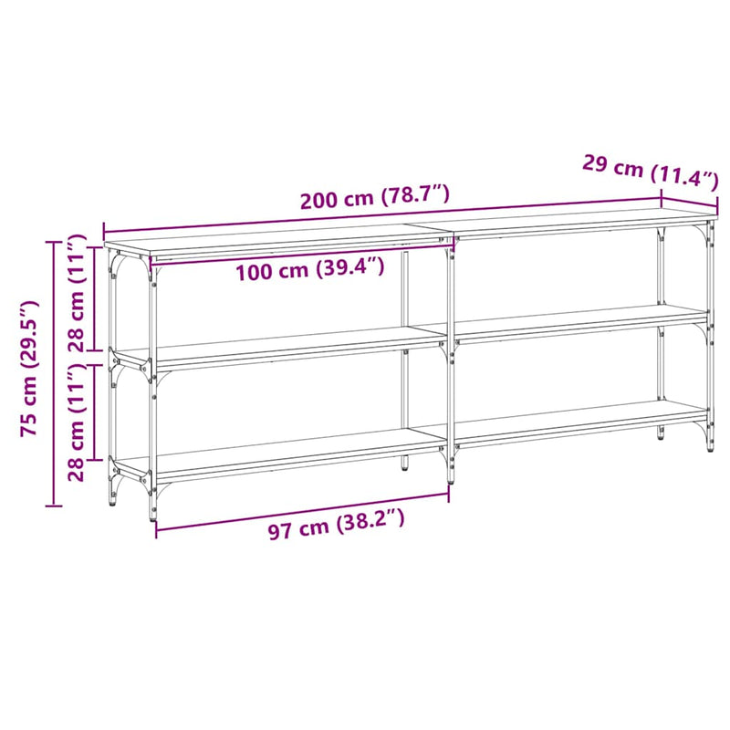 vidaXL Konzolasztal polcokkal kézműves tölgy 200 x 29 x 75 cm