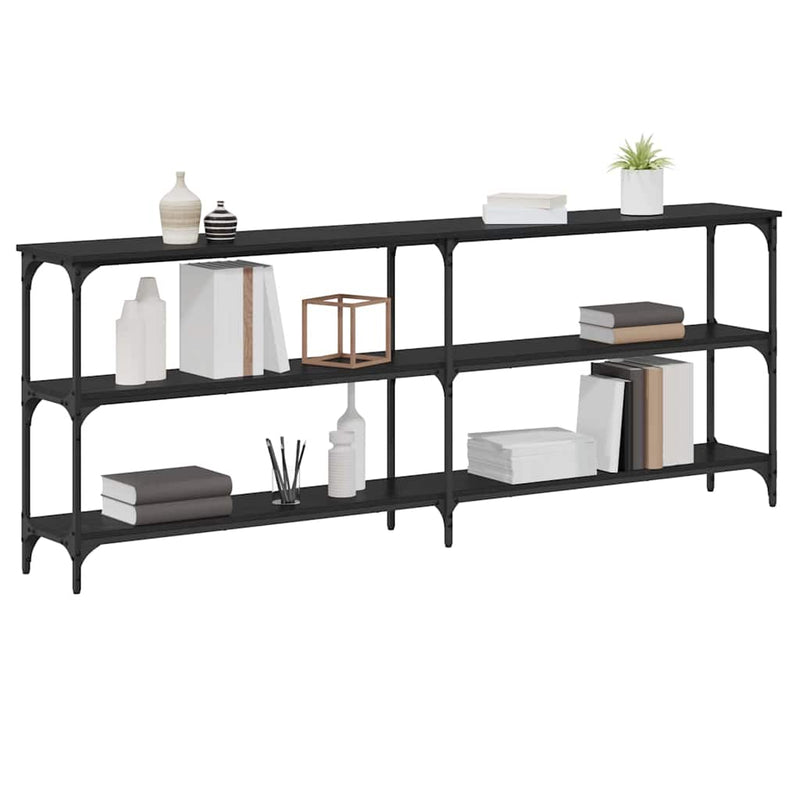 vidaXL Konzolasztal Musta tammi 200 x 29 x 75 cm Műgyantás fa és fém