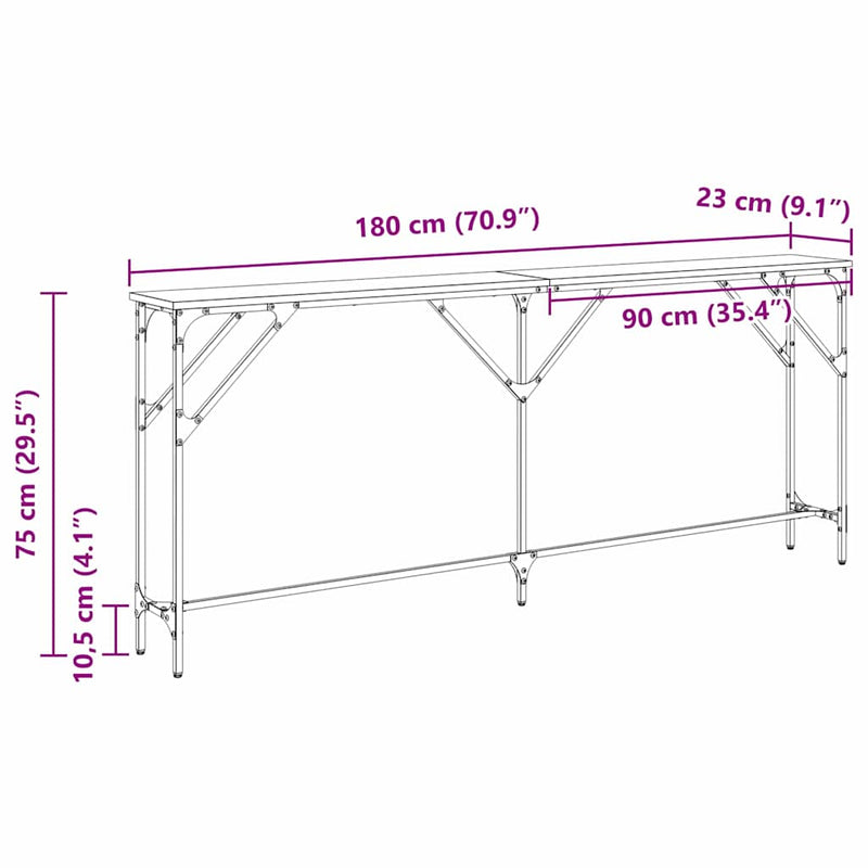 vidaXL Konzolasztal Musta tammi 180 x 23 x 75 cm Műgyantás fa és fém