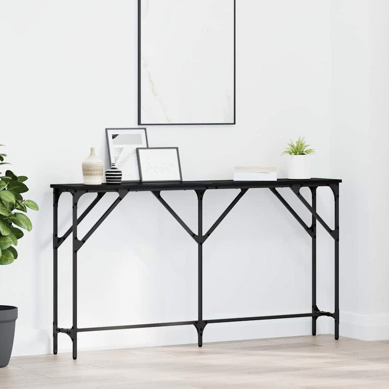 vidaXL Konzol Asztal Musta tammi 140 x 23 x 75 cm Műgyantás fa és fém