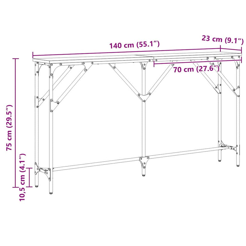 vidaXL Konzolasztal Musta tammi 140 x 23 x 75 cm Műgyantás fa és fém