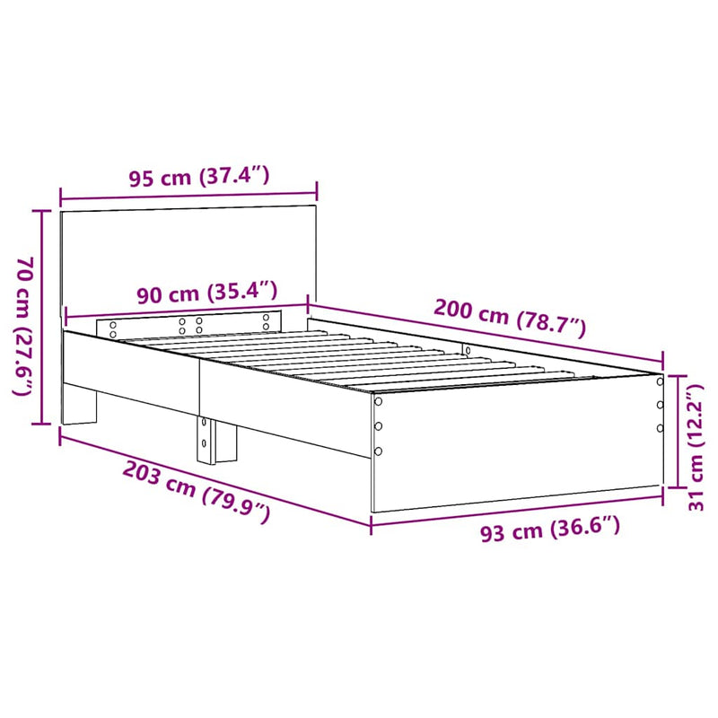 vidaXL Ágykeret fejtámlával kézműves tölgy 90 x 200 cm Faanyag