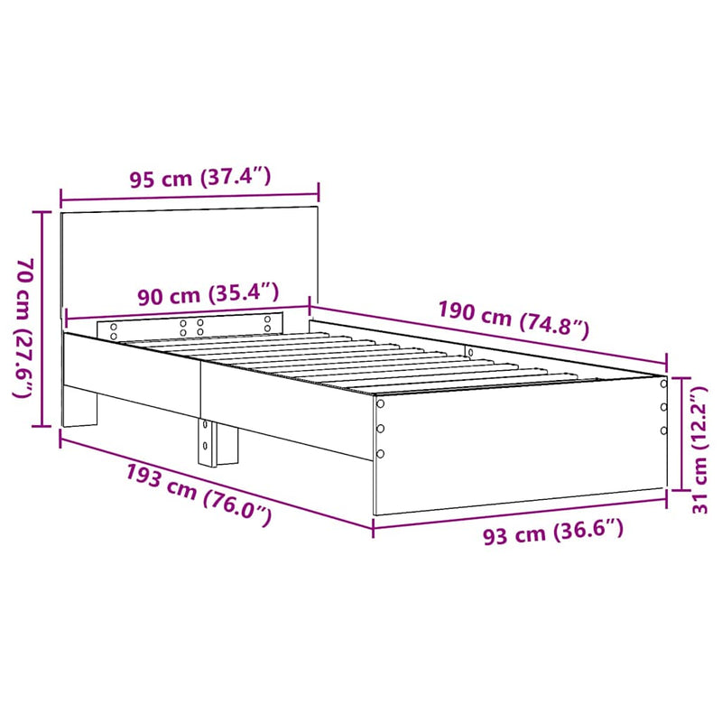 vidaXL Ágykeret fejtámlával Musta tammi 90 x 190 cm Faanyag