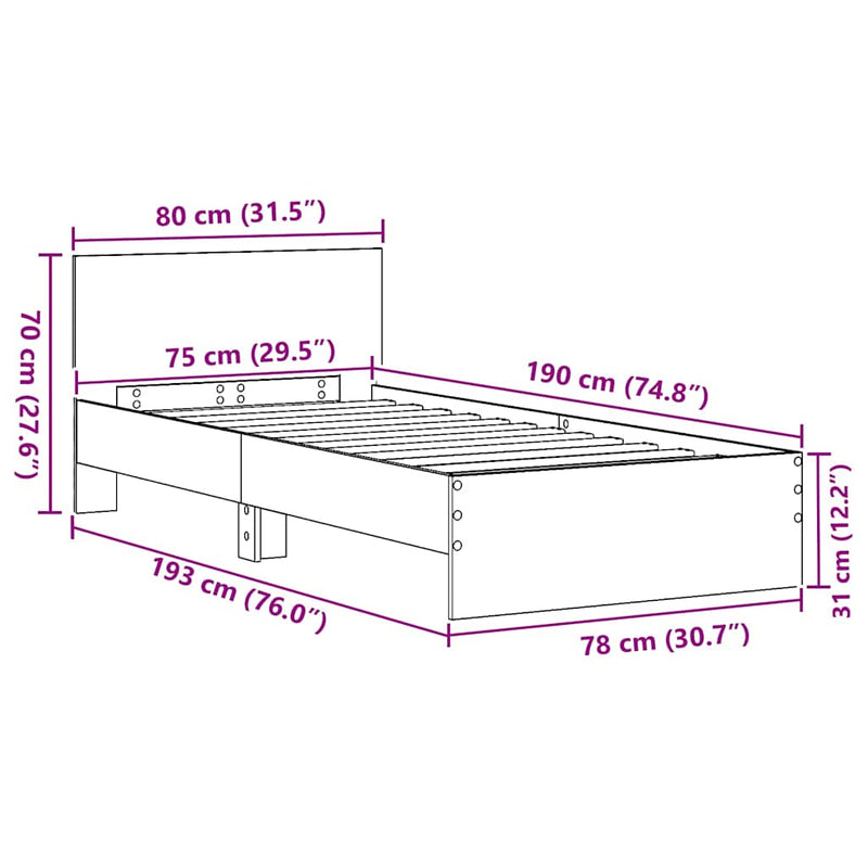vidaXL Ágykeret fejtámlával Öreg fa 75 x 190 cm Faanyag