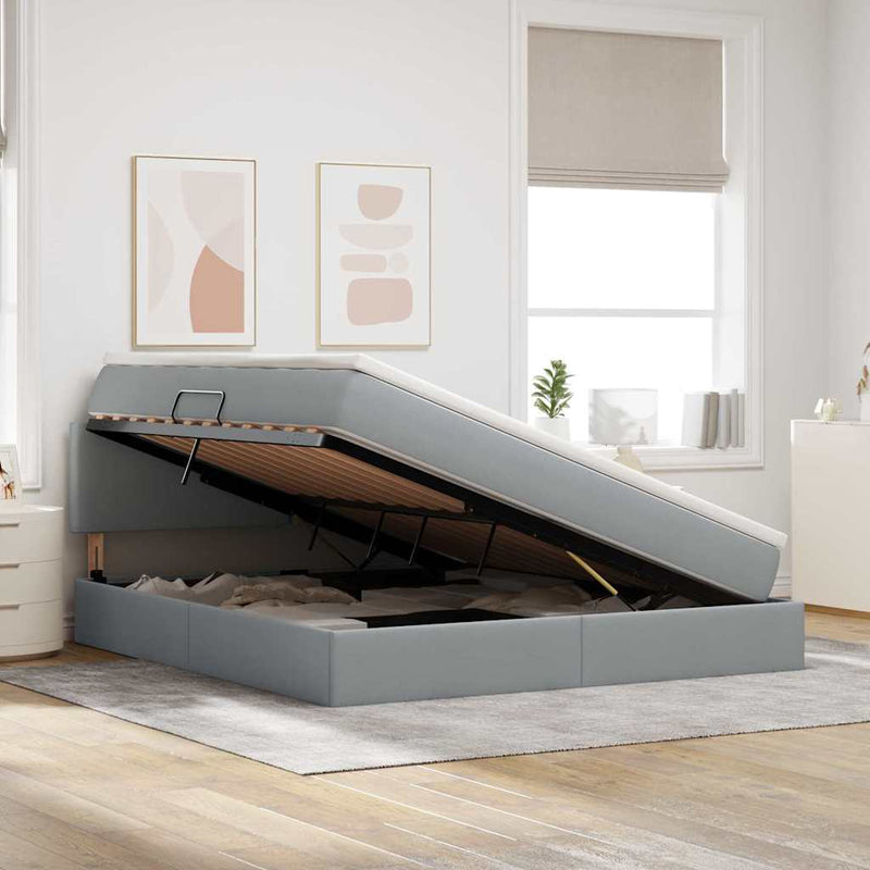 vidaXL Ágy tárolóval és LED lámpával Világosszürke 160 x 200 cm