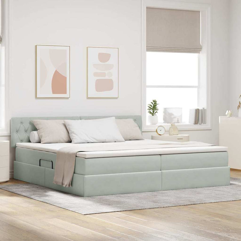 vidaXL Ágy tárolóval és LED lámpával Világosszürke 200 x 200 cm