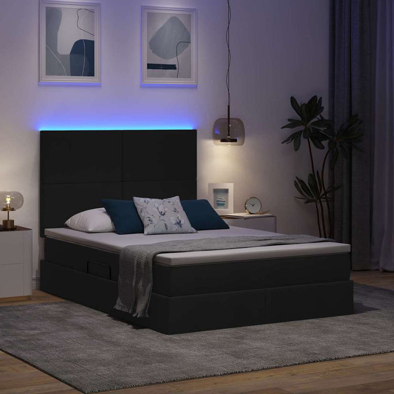 vidaXL Ágy tárolóval és LED lámpával Fekete 140 x 200 cm Poliészter